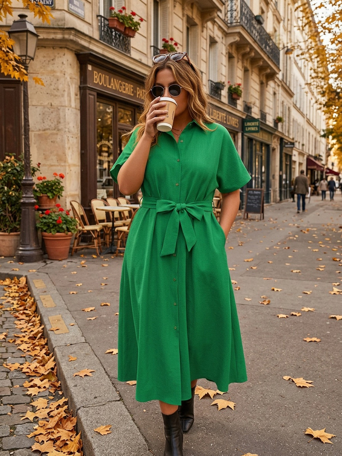 Robe chemise midi grande taille — Verte à poches latérales
