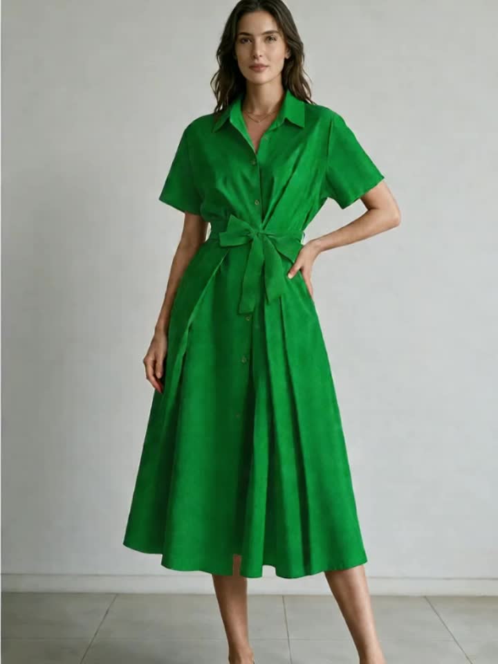 Robe chemise midi grande taille — Verte à poches latérales