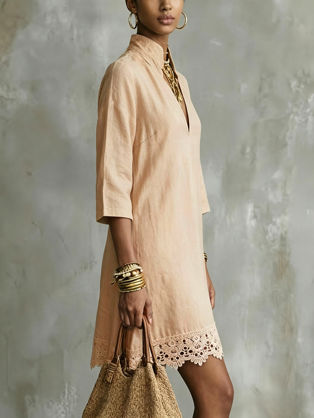 Robe en coton grande taille — Sable à ourlet de guipure