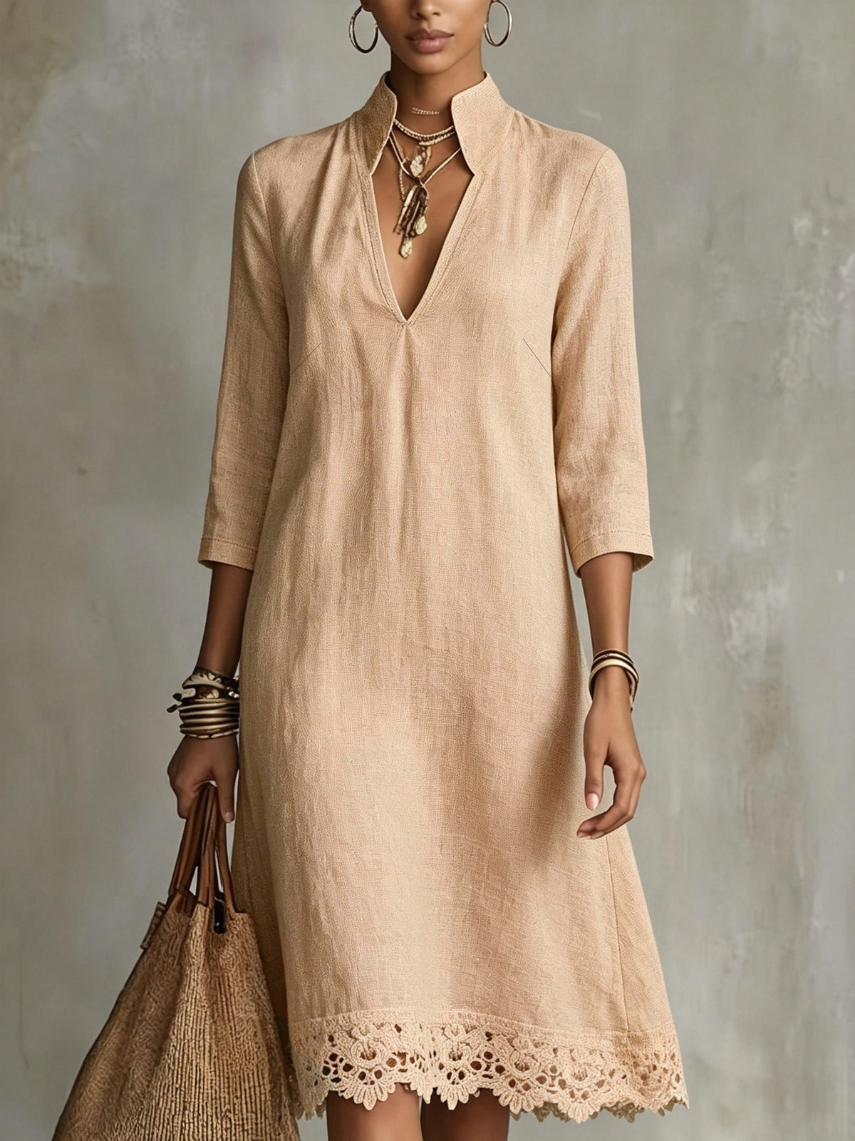 Robe en coton grande taille — Sable à ourlet de guipure