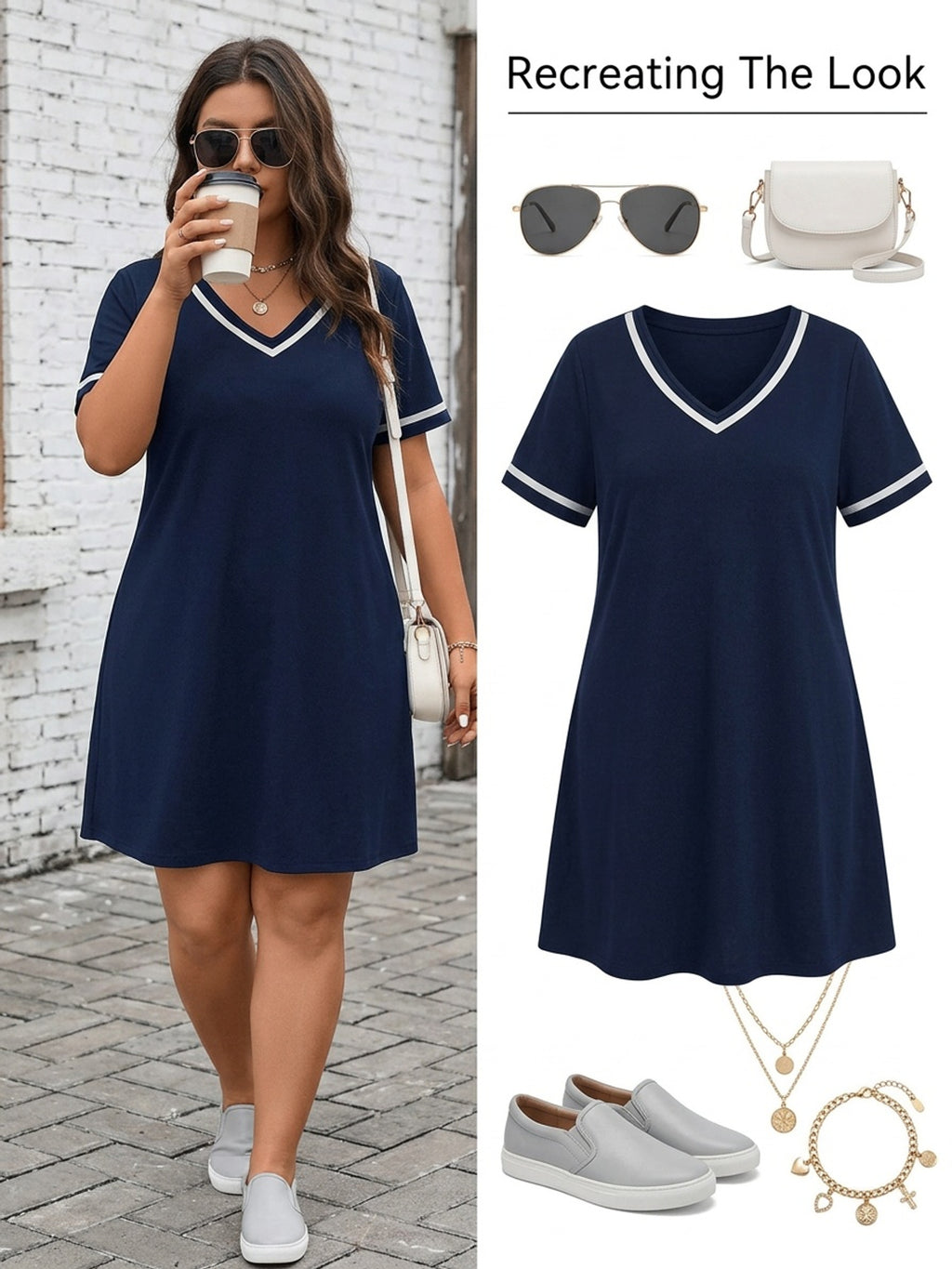 Robe courte grande taille — Col V à liseré blanc contrasté