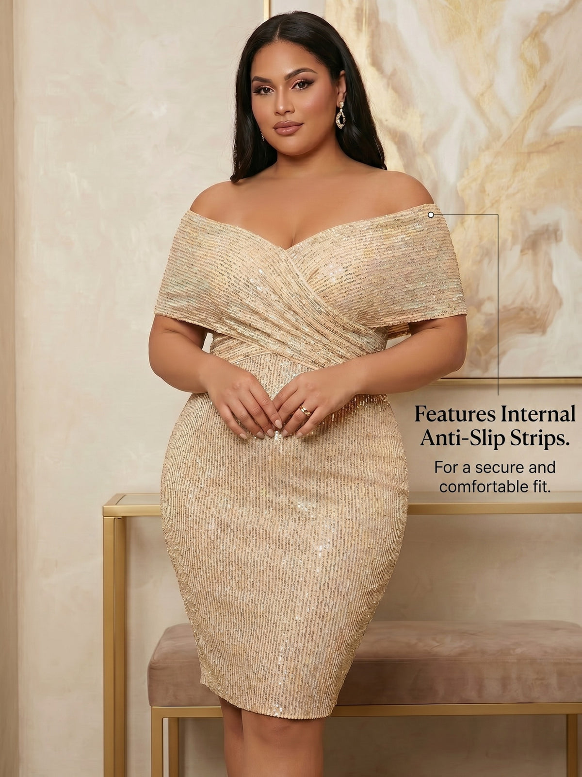 Robe courte grande taille, fourreau bardot à paillettes