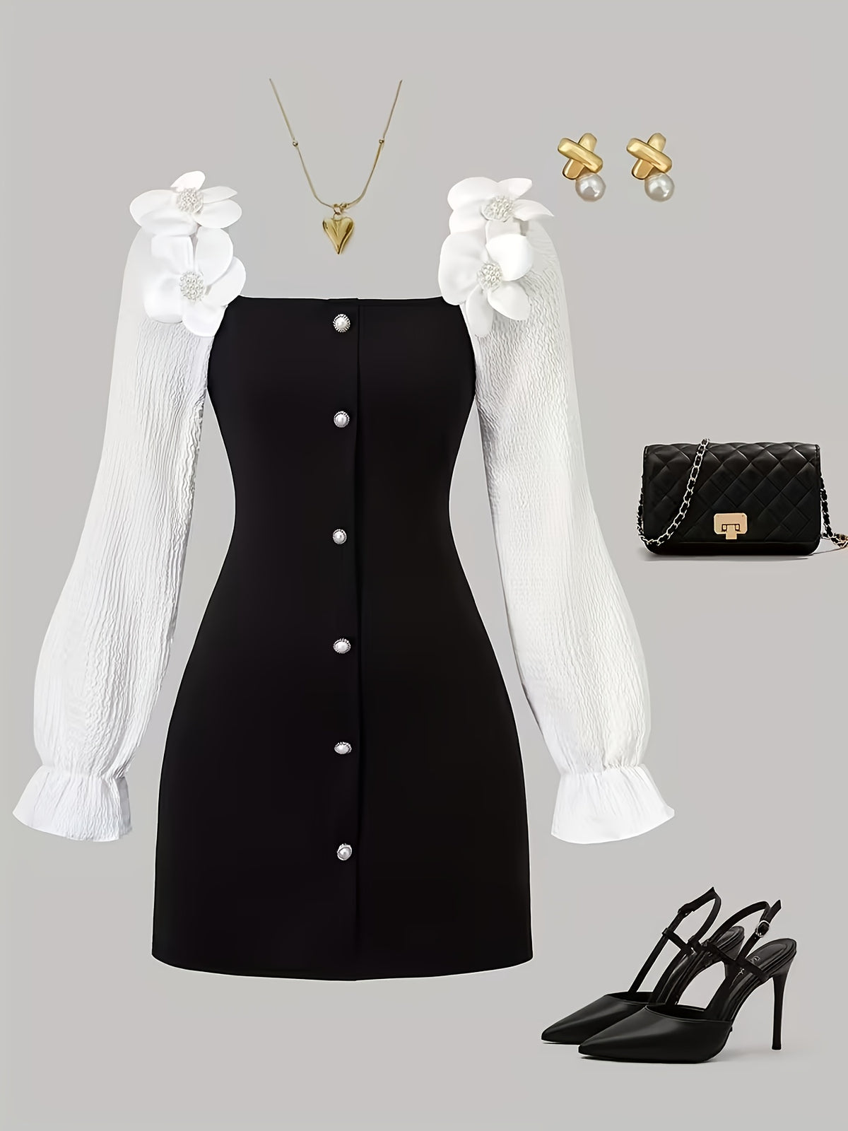 Robe courte grande taille — Manches blanches et fleurs 3D