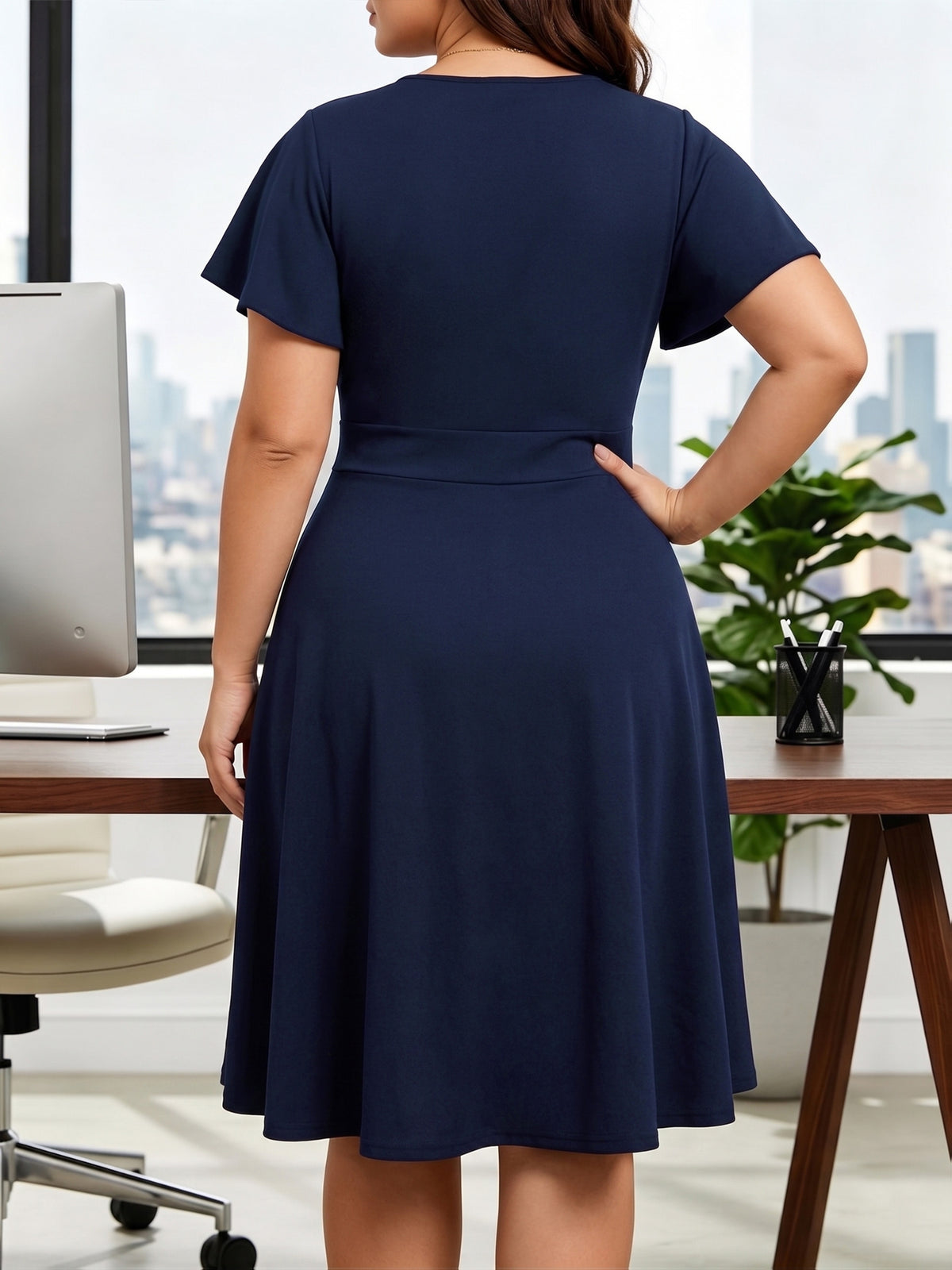 Robe courte grande taille — Jersey marine et jupe évasée