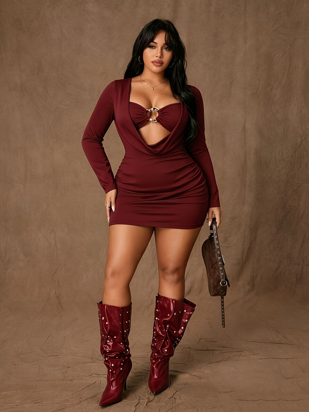 Robe courte grande taille, noire, drapé et anneau