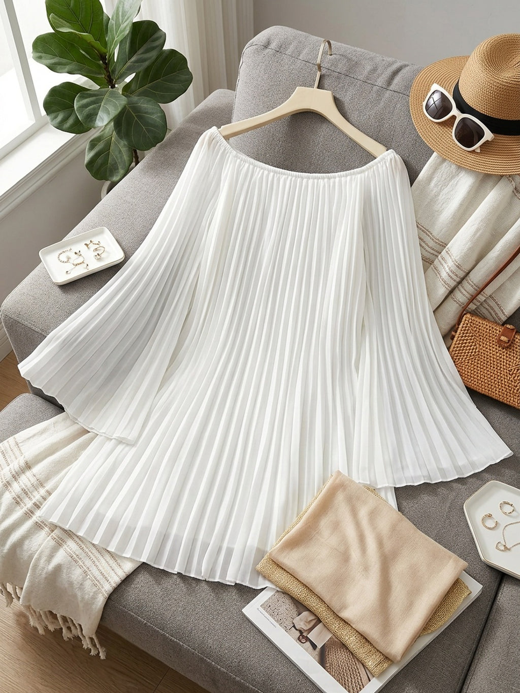 Robe courte grande taille — Voile plissé blanc, épaules nues