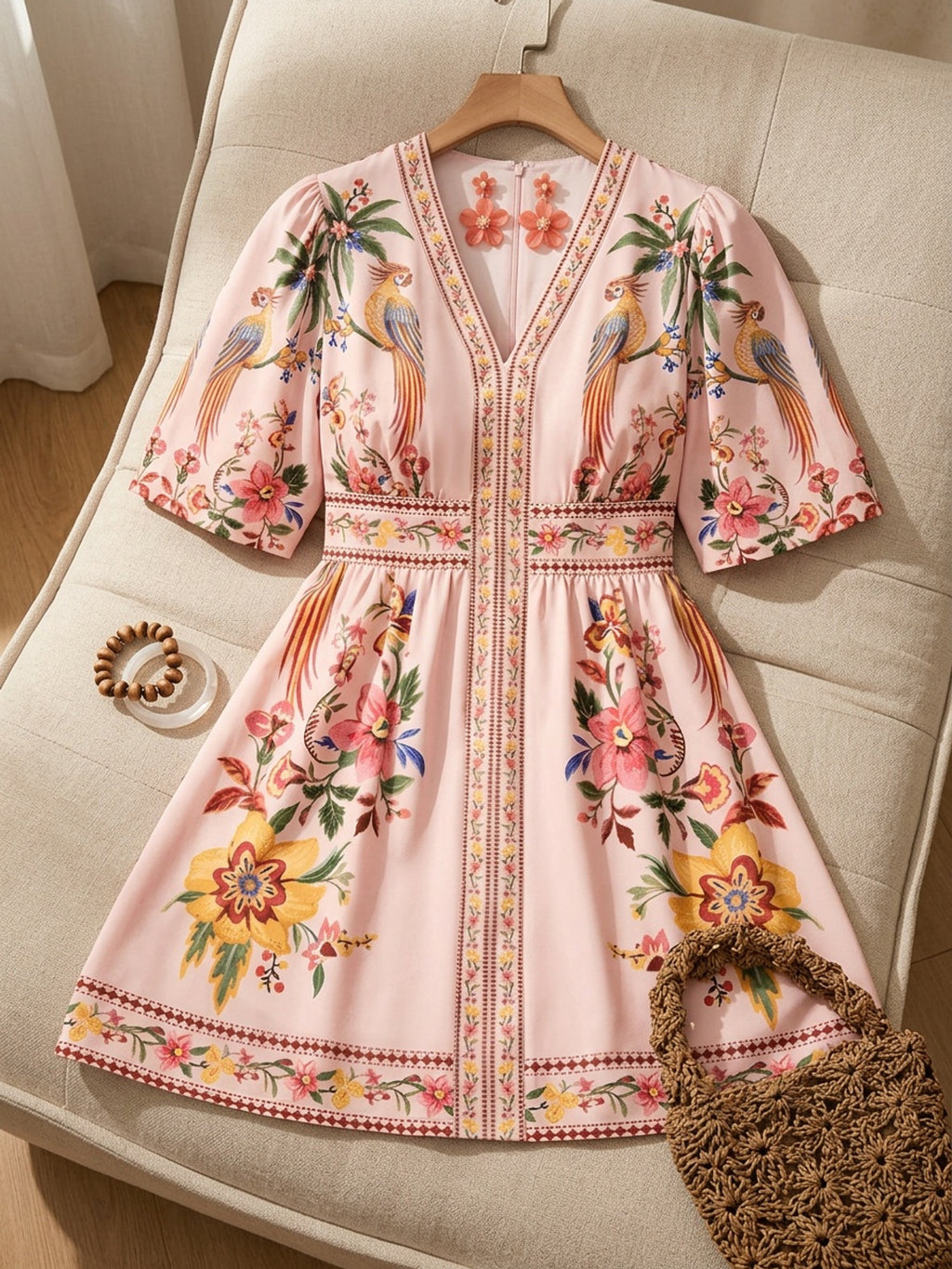 Robe courte grande taille — Imprimé perroquets sur rose poudré