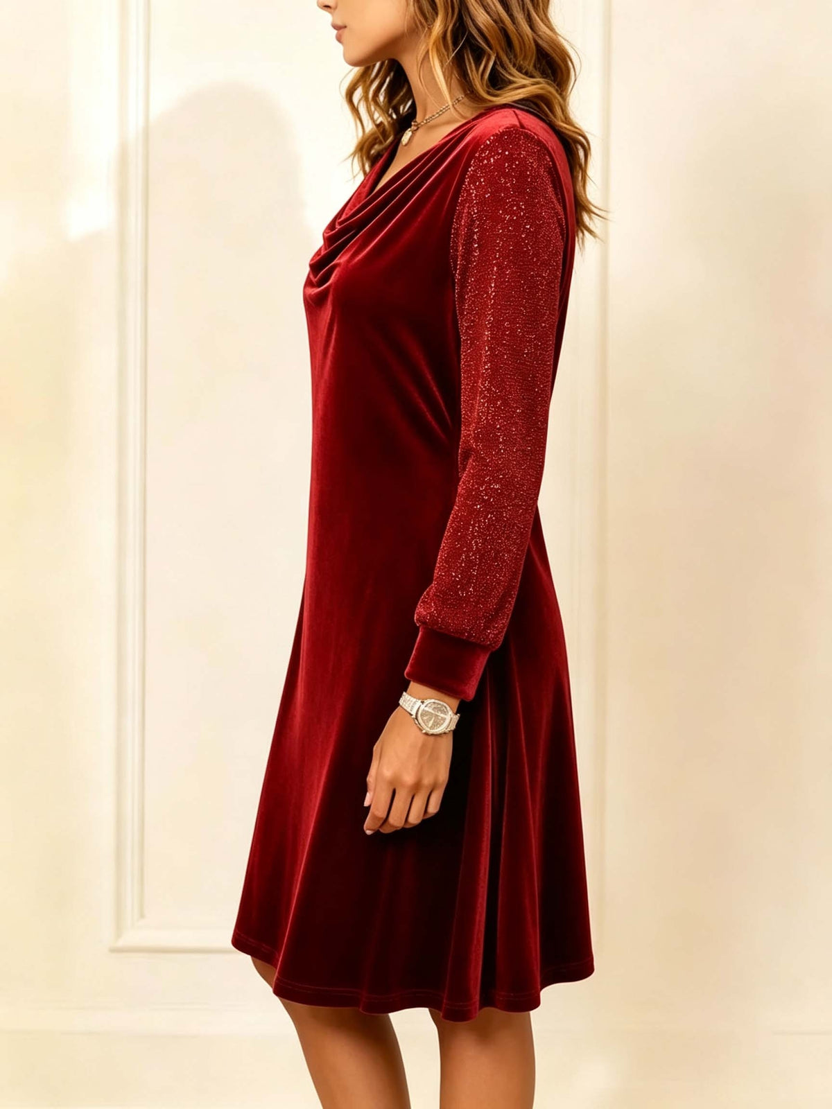 Robe courte grande taille — Velours bordeaux à manches lurex