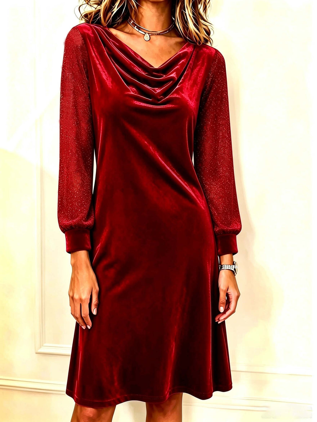 Robe courte grande taille — Velours bordeaux à manches lurex