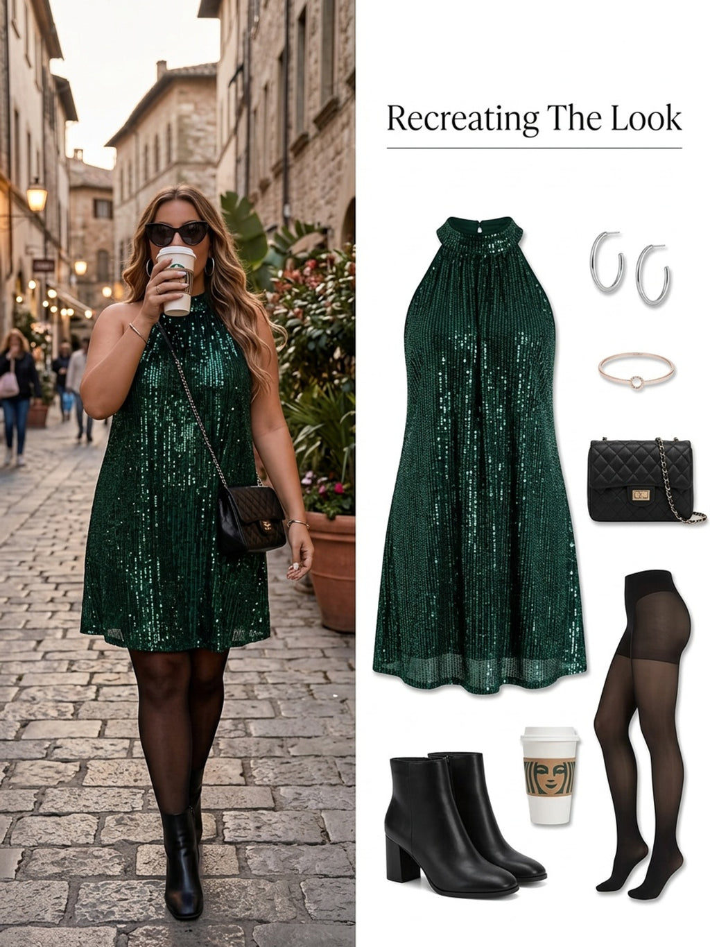 Robe courte grande taille — Vert bouteille pailleté, dos nu