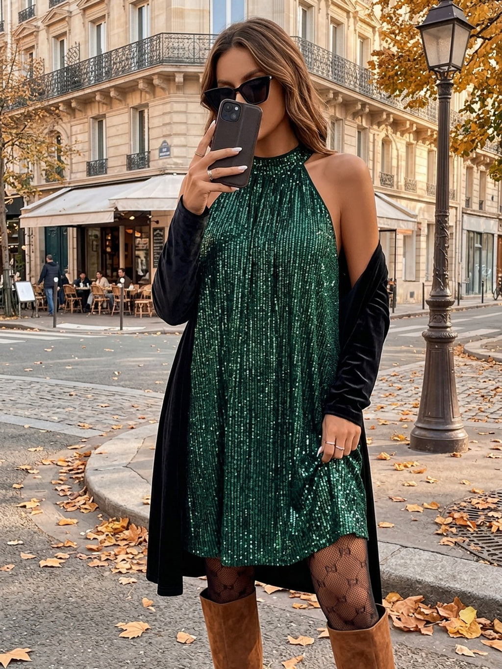 Robe courte grande taille — Vert bouteille pailleté, dos nu