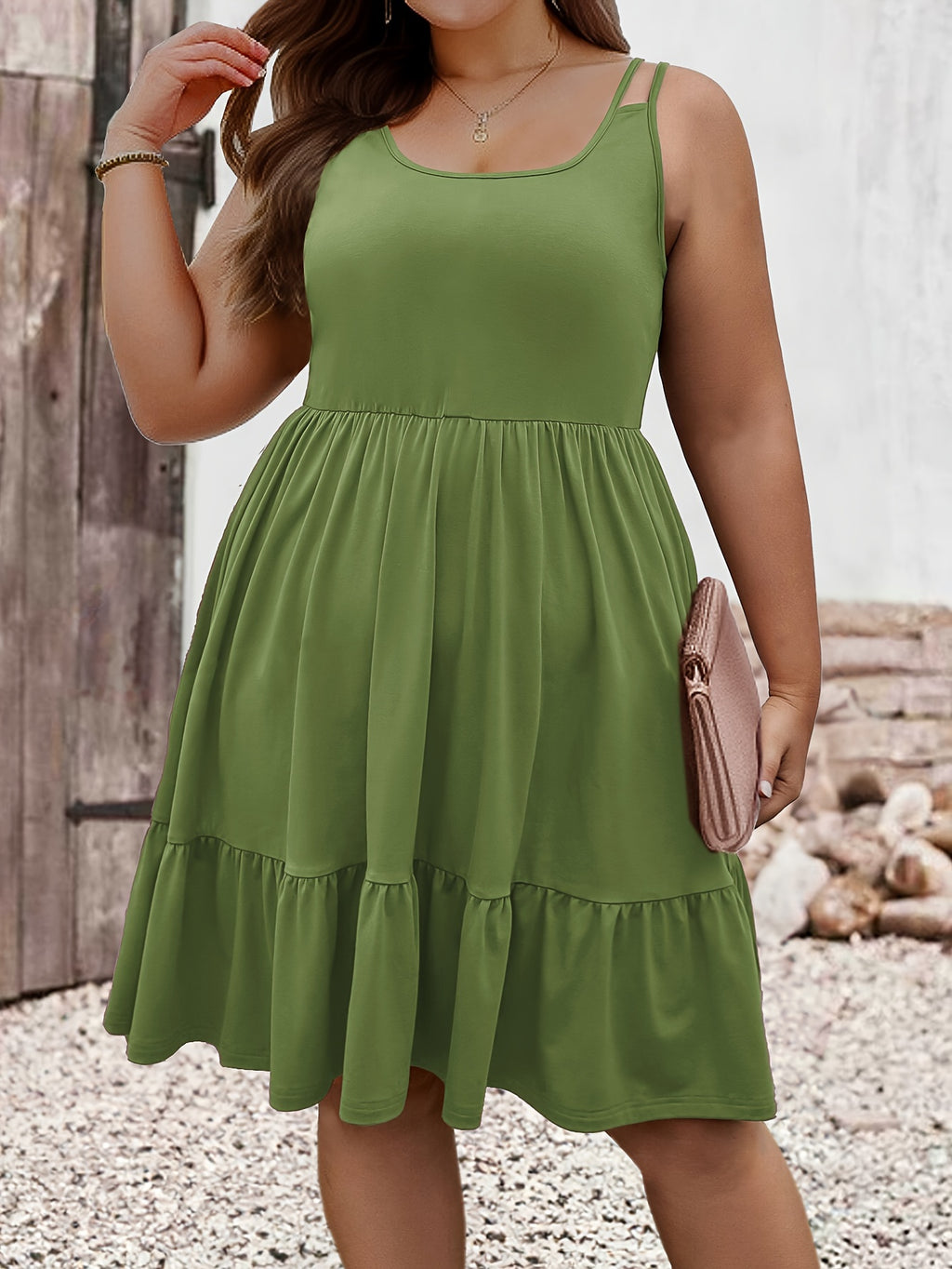 Robe courte grande taille — Double bretelle et jersey froncé