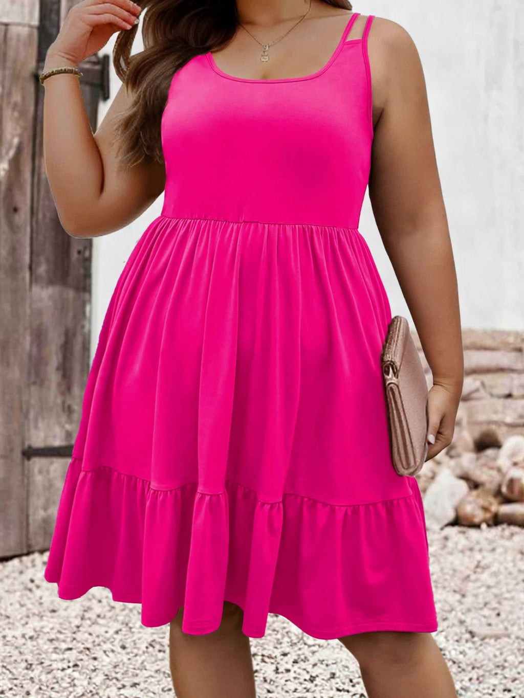 Robe courte grande taille — Double bretelle et jersey froncé