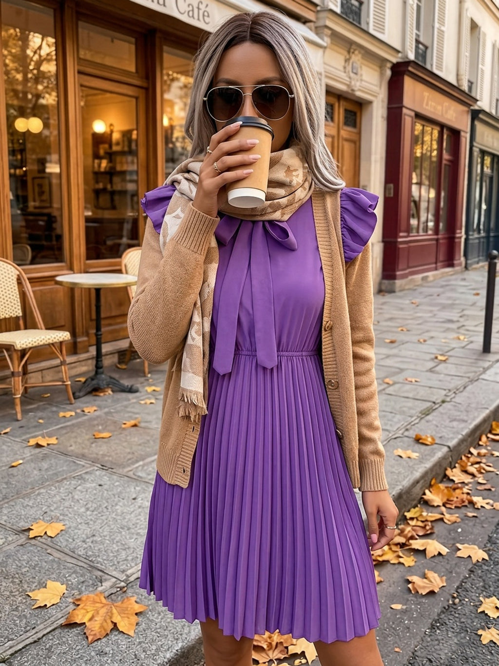 Robe courte grande taille — Plissé soleil et nœud lavallière