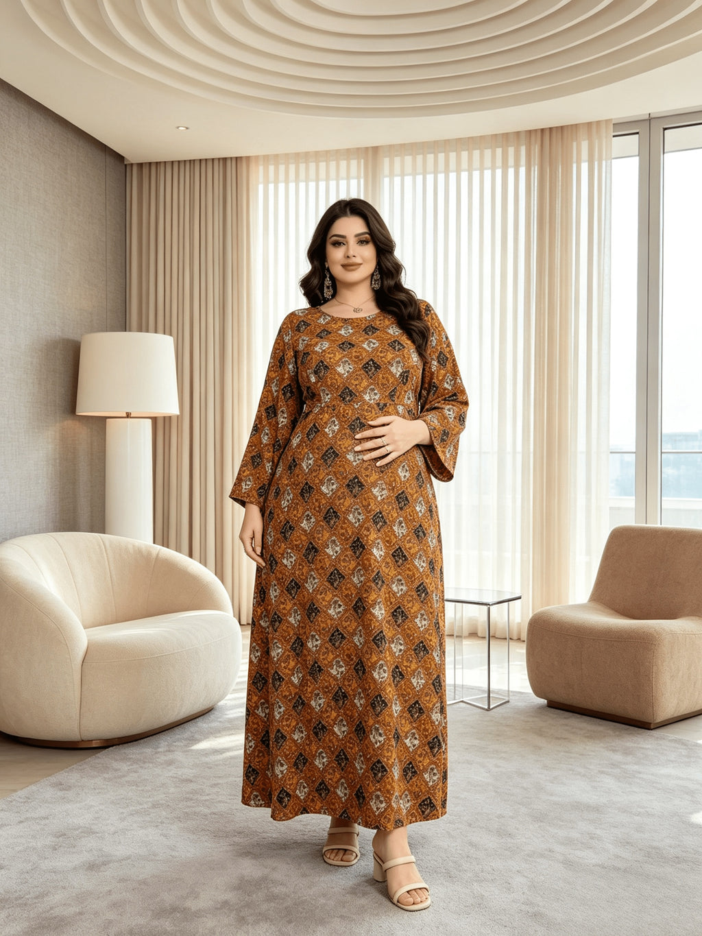 Robe de grossesse grande taille — Longue ocre à médaillons