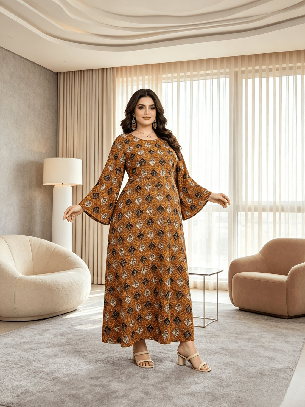 Robe de grossesse grande taille — Longue ocre à médaillons