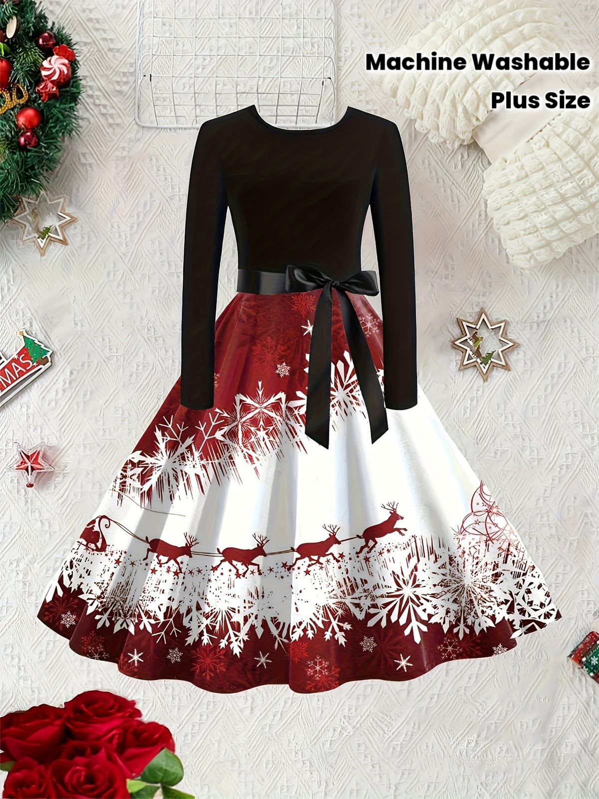Robe de Noël grande taille — Jupe bordeaux au traîneau blanc