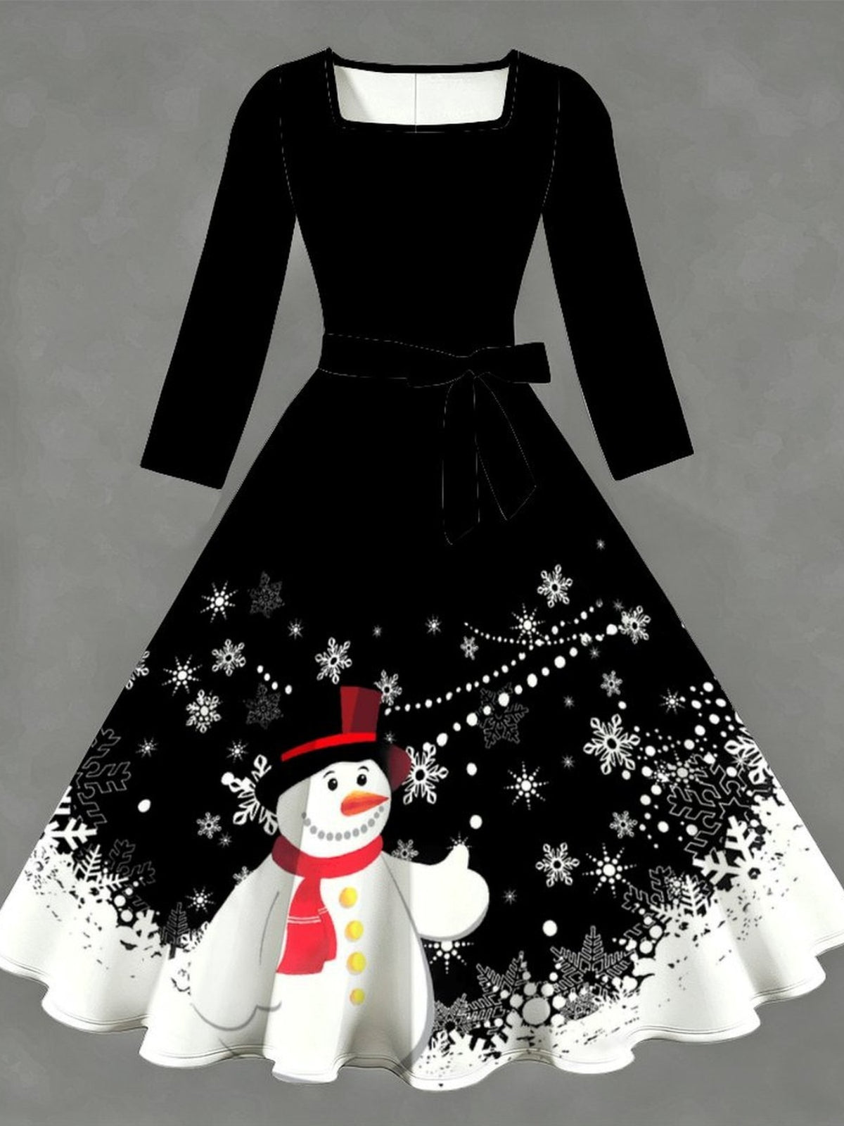Robe de Noël grande taille — Noire, bonhomme de neige imprimé