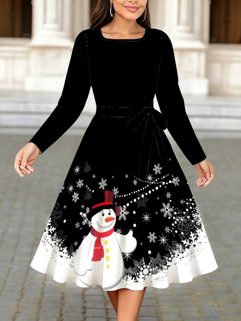 Robe de Noël grande taille — Noire, bonhomme de neige imprimé