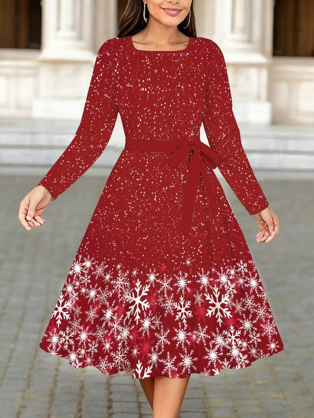 Robe de Noël grande taille — Rouge à grands flocons blancs