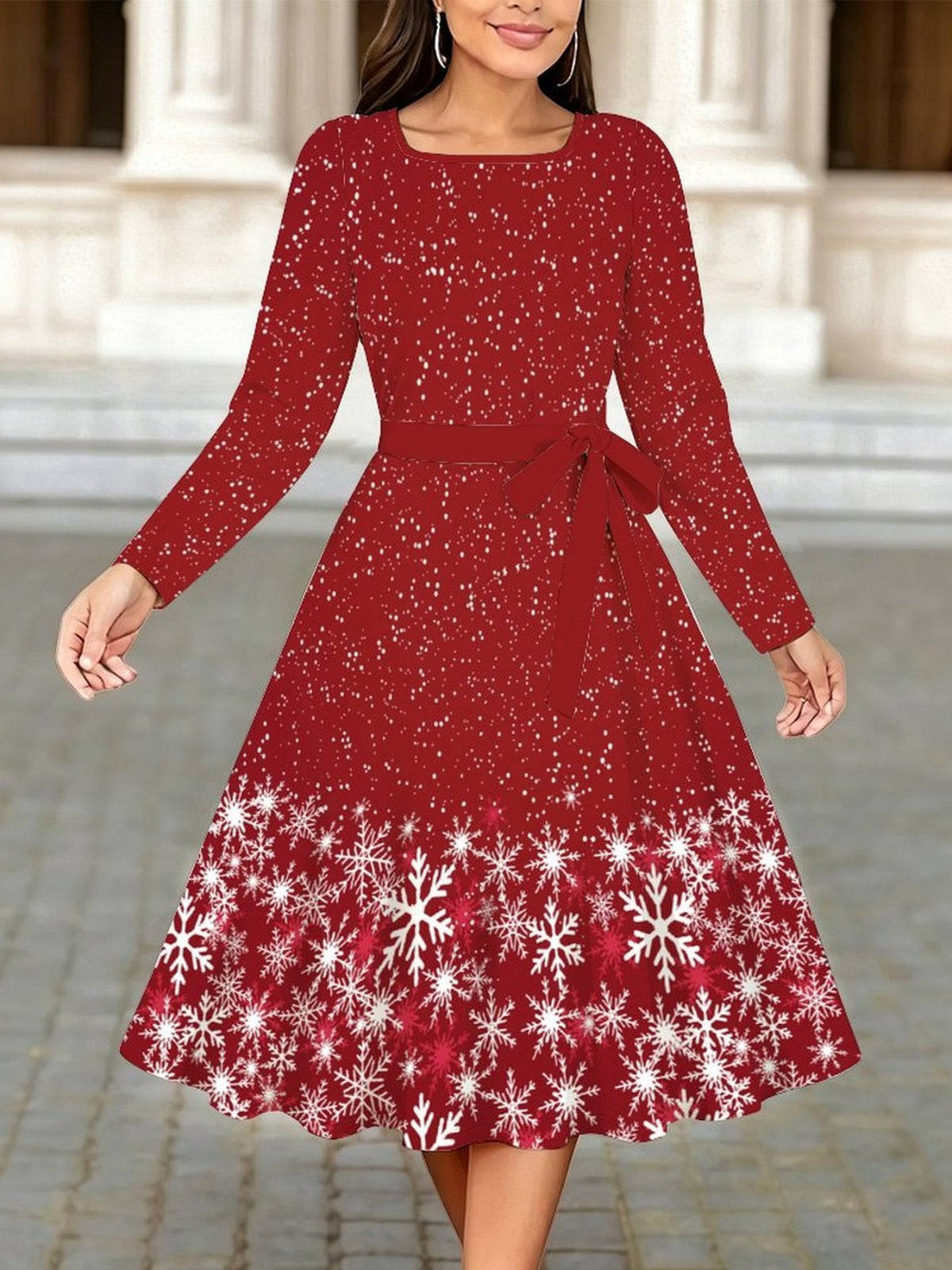 Robe de Noël grande taille — Rouge à grands flocons blancs