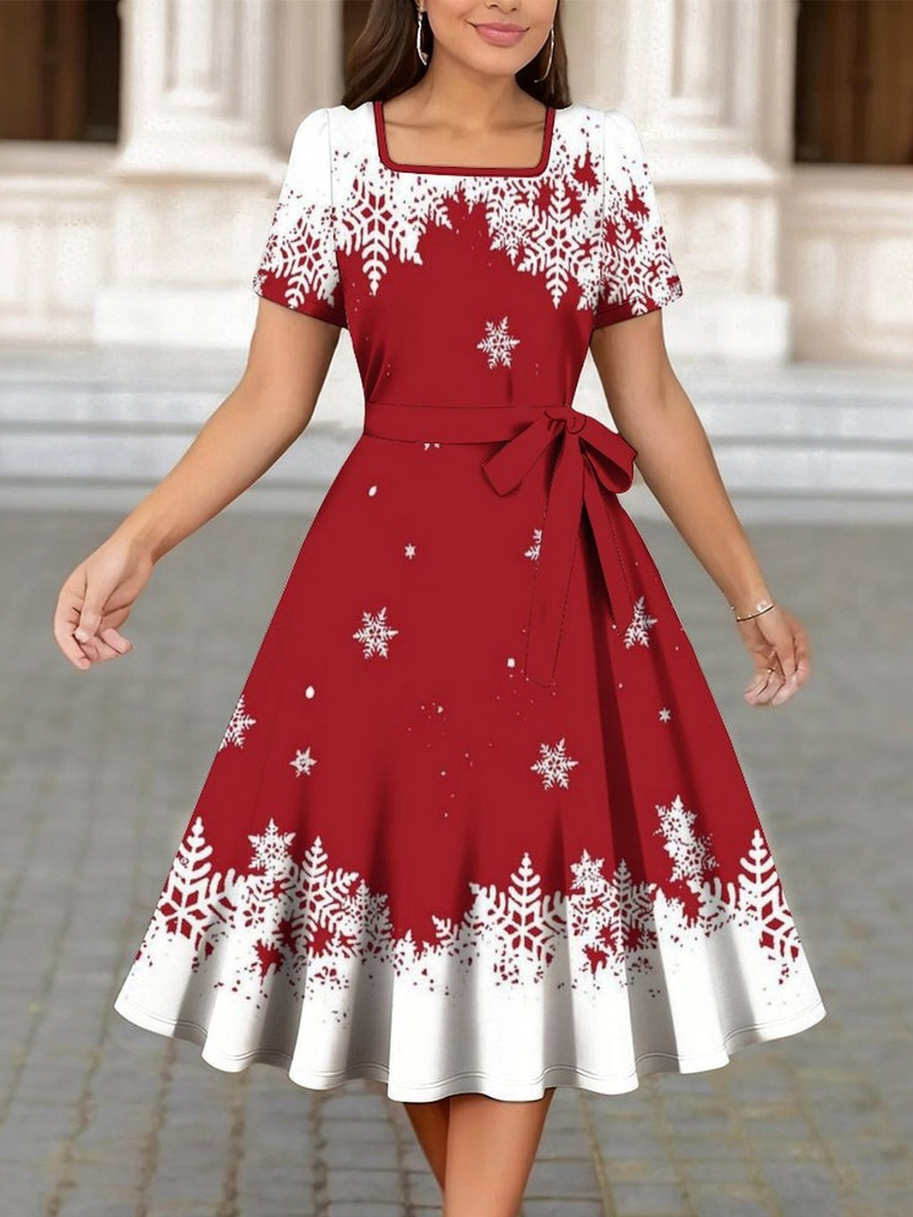 Robe de Noël grande taille — Rouge manches courtes à flocons