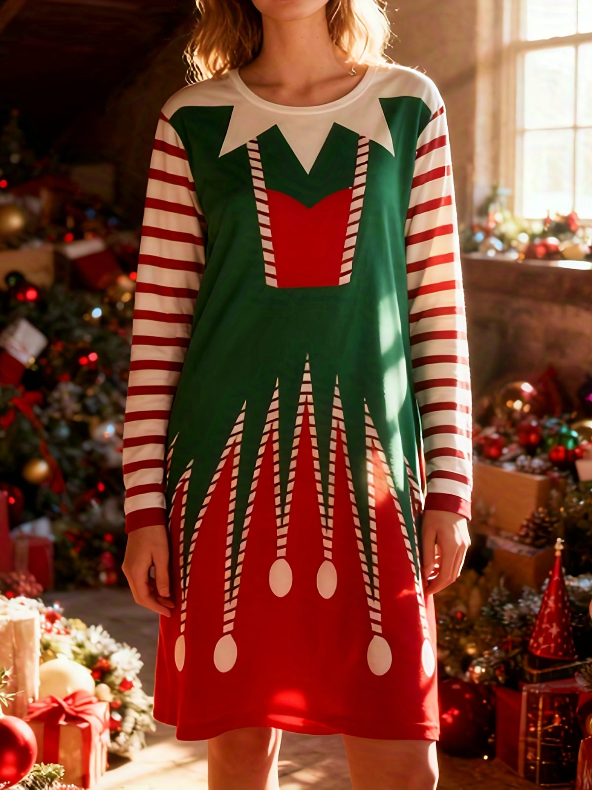 Robe de Noël grande taille — Verte, costume de lutin imprimé