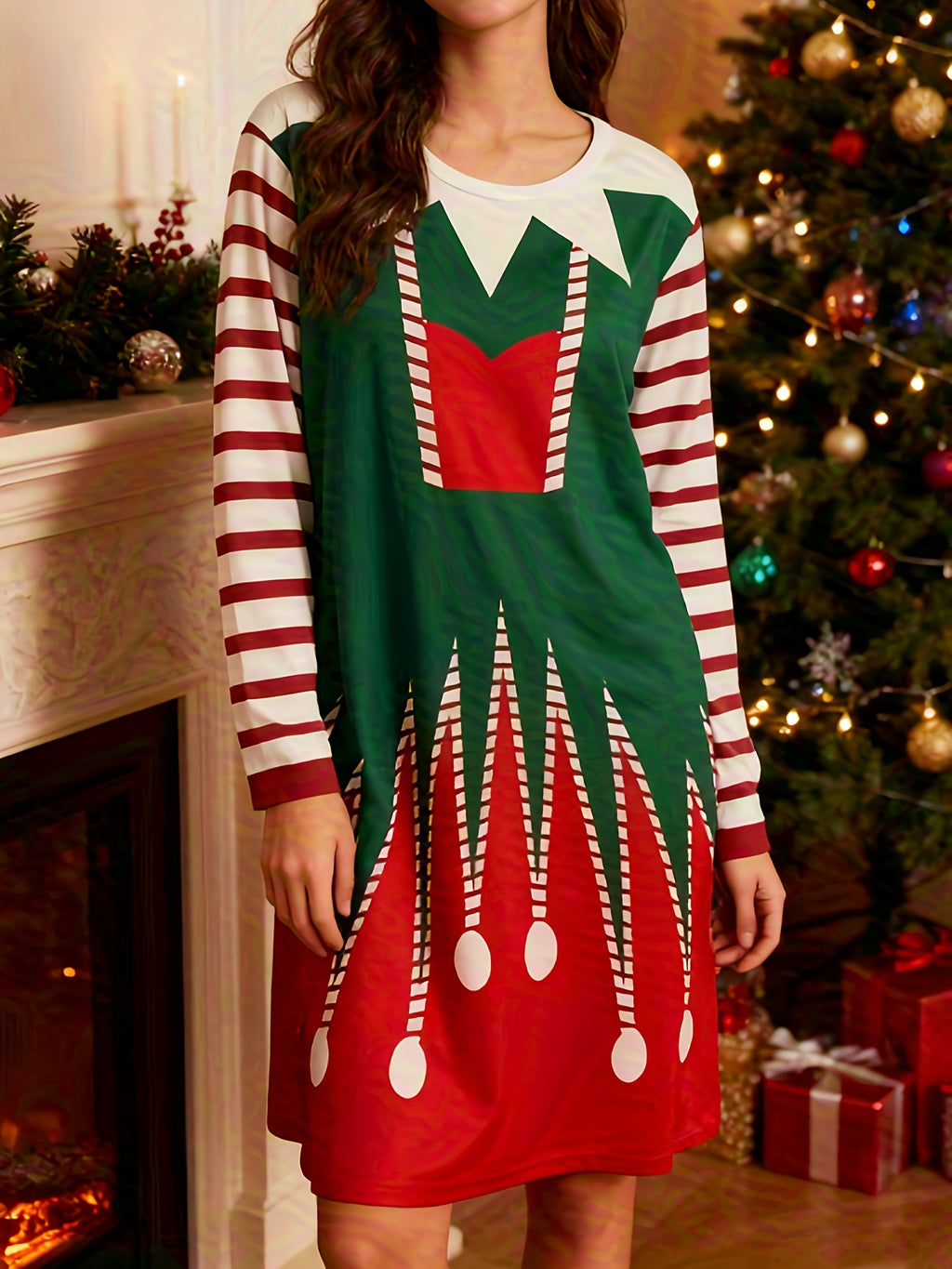 Robe de Noël grande taille — Verte, costume de lutin imprimé