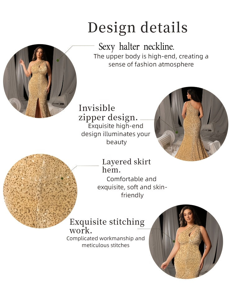Robe de soirée grande taille, sequins et traîne au sol