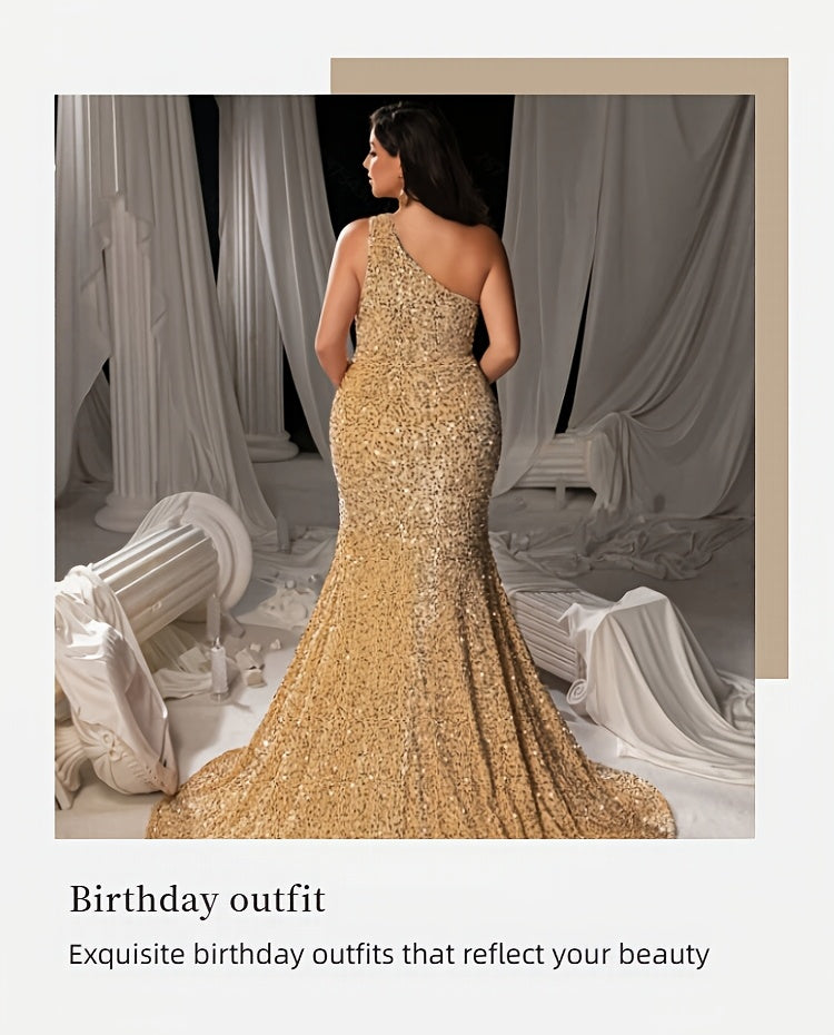 Robe de soirée grande taille, sequins et traîne au sol