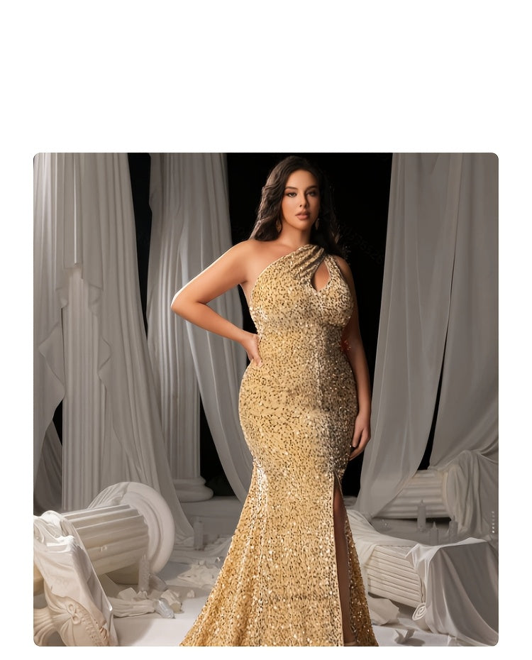 Robe de soirée grande taille, sequins et traîne au sol