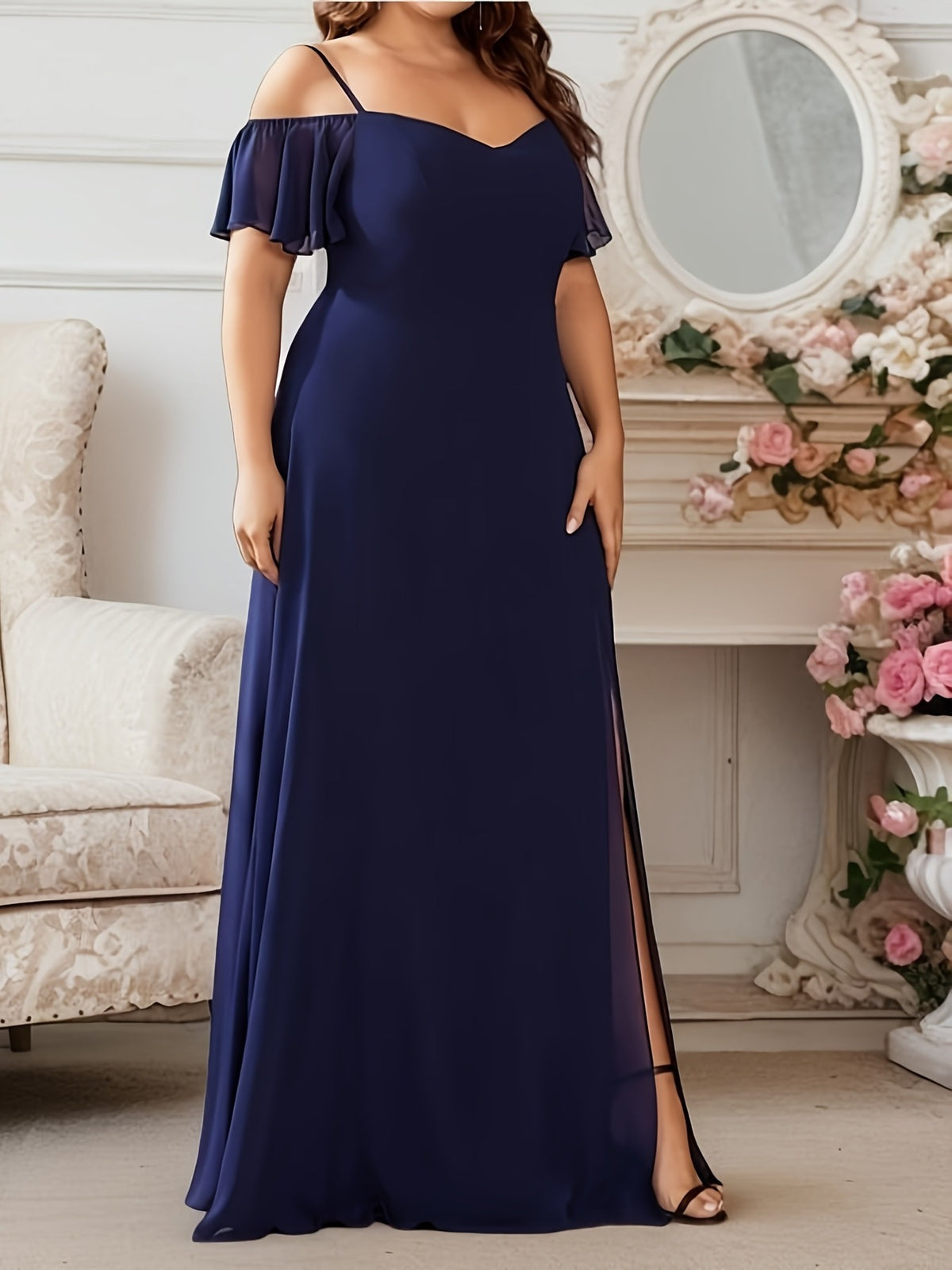 Robe demoiselle d'honneur grande taille, volants d'épaule