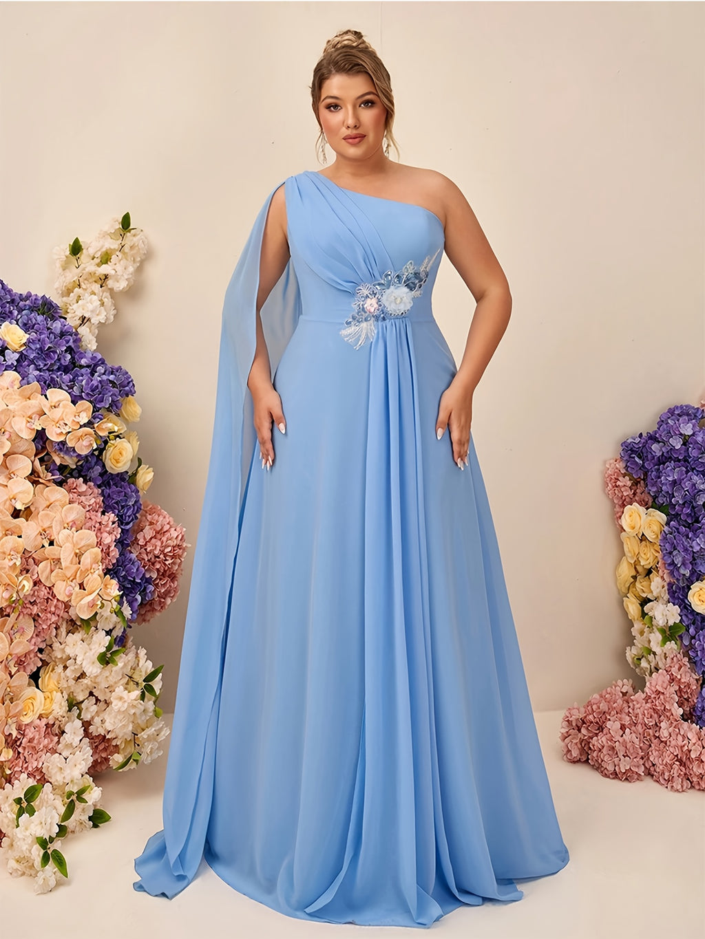 Robe demoiselle d'honneur grande taille — Mousseline bleu ciel