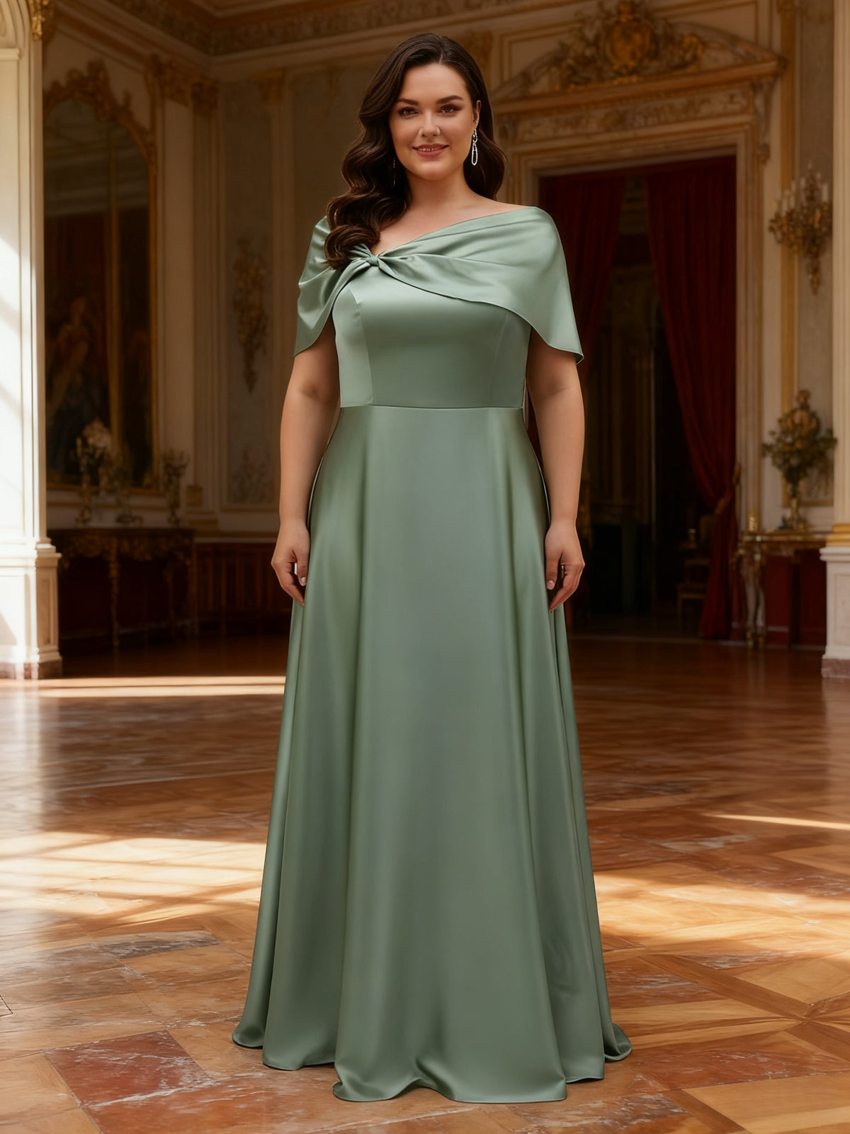 Robe de demoiselle d'honneur grande taille — Satin vert sauge