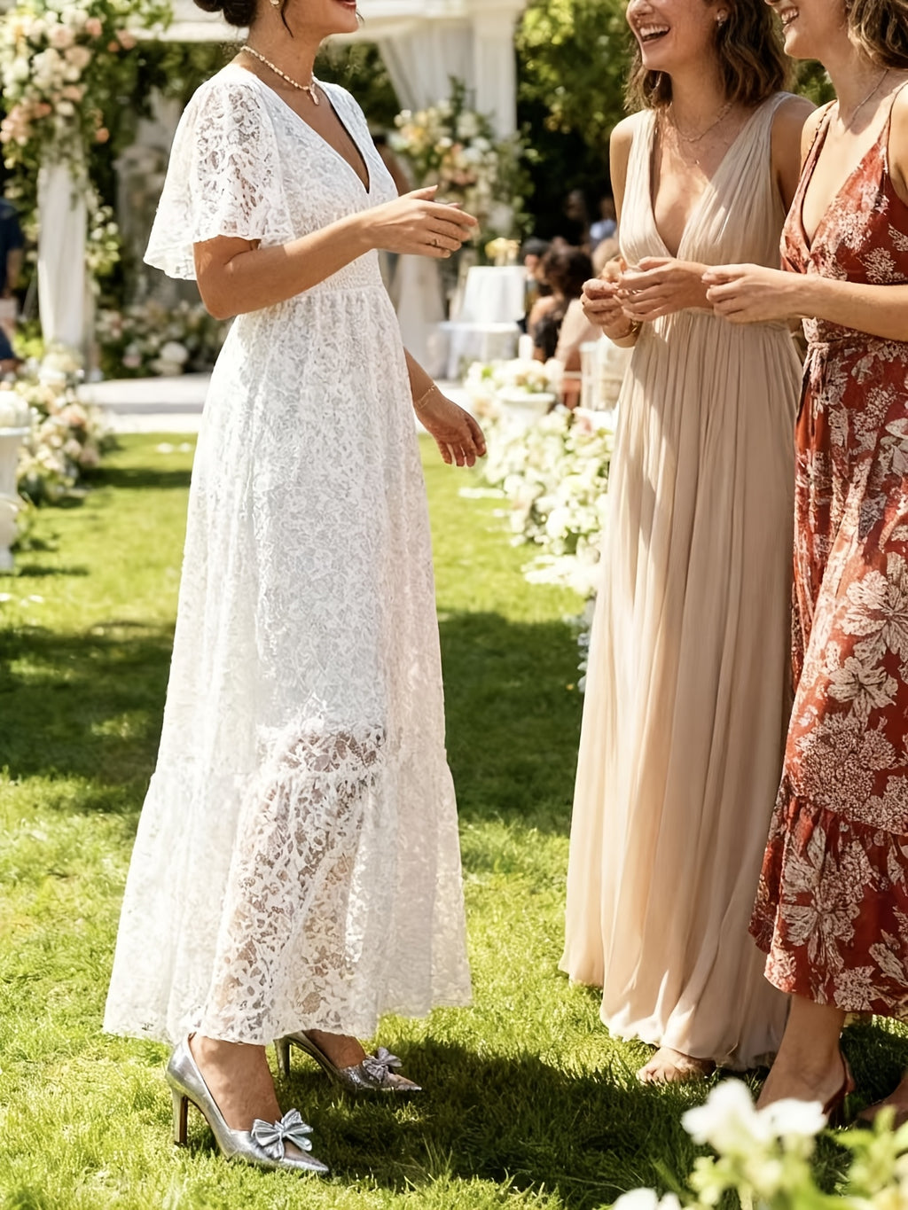 Robe longue en dentelle grande taille — Taille smockée col V