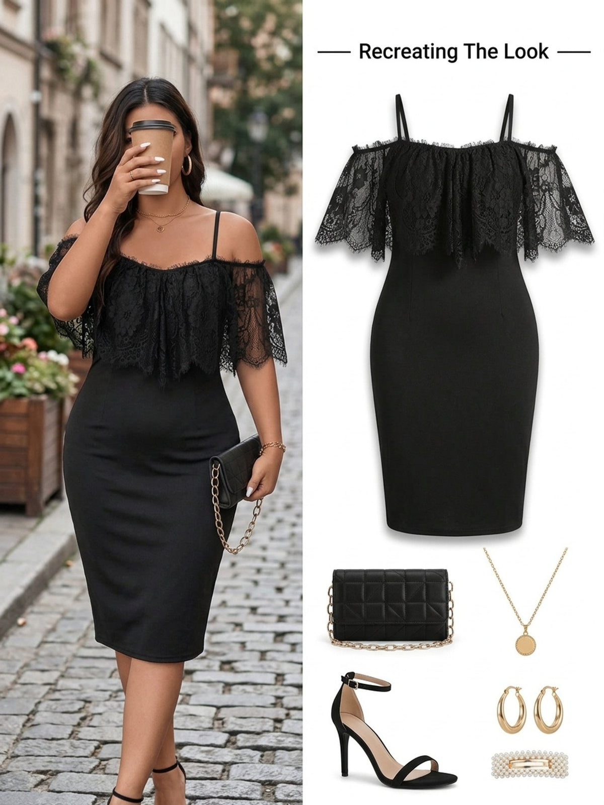 Robe en dentelle grande taille — Volant noir sur les épaules