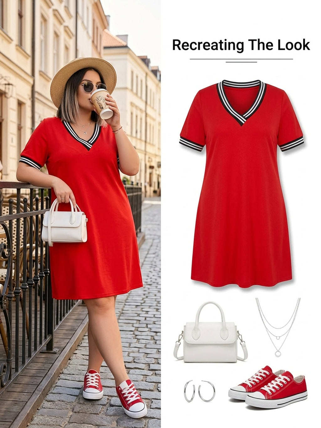 Robe droite grande taille — Rouge à col contrasté à rayures