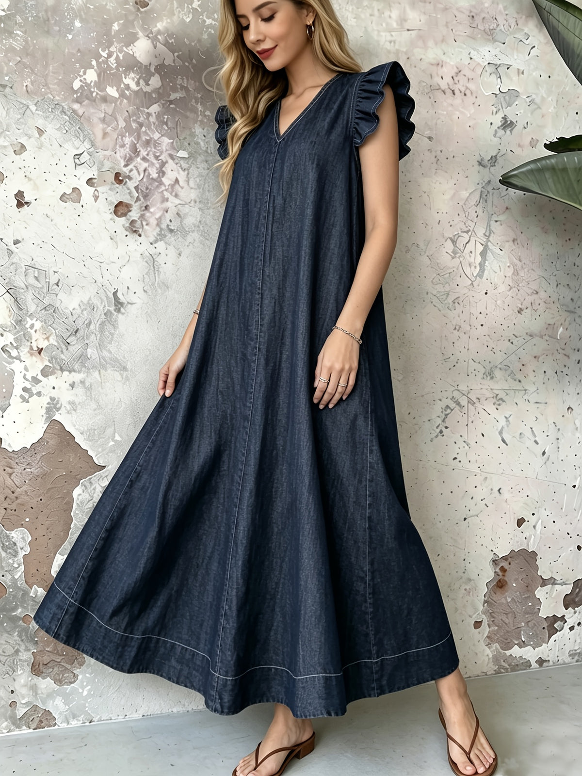 Robe en jean grande taille — Maxi trapèze à volants d'épaule
