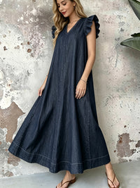 Robe en jean grande taille — Maxi trapèze à volants d'épaule