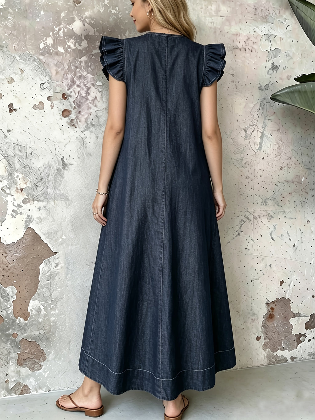 Robe en jean grande taille — Maxi trapèze à volants d'épaule
