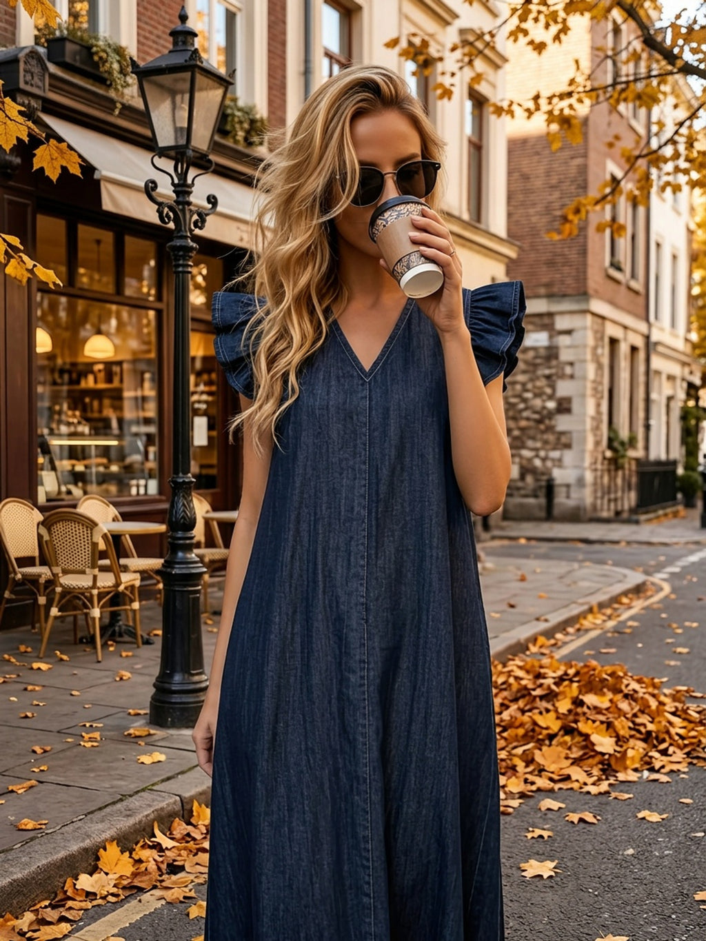 Robe en jean grande taille — Maxi trapèze à volants d'épaule