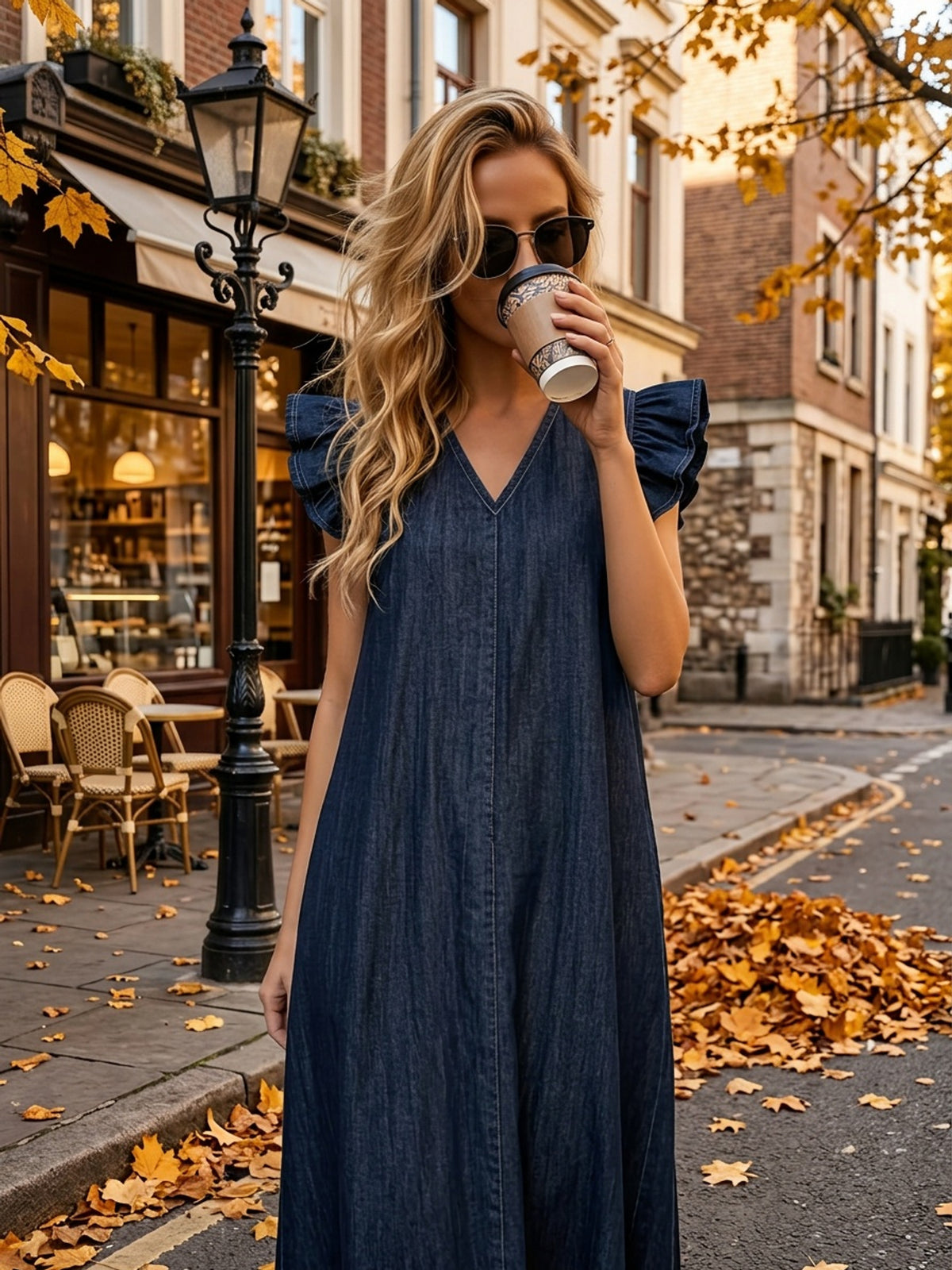 Robe en jean grande taille — Maxi trapèze à volants d'épaule