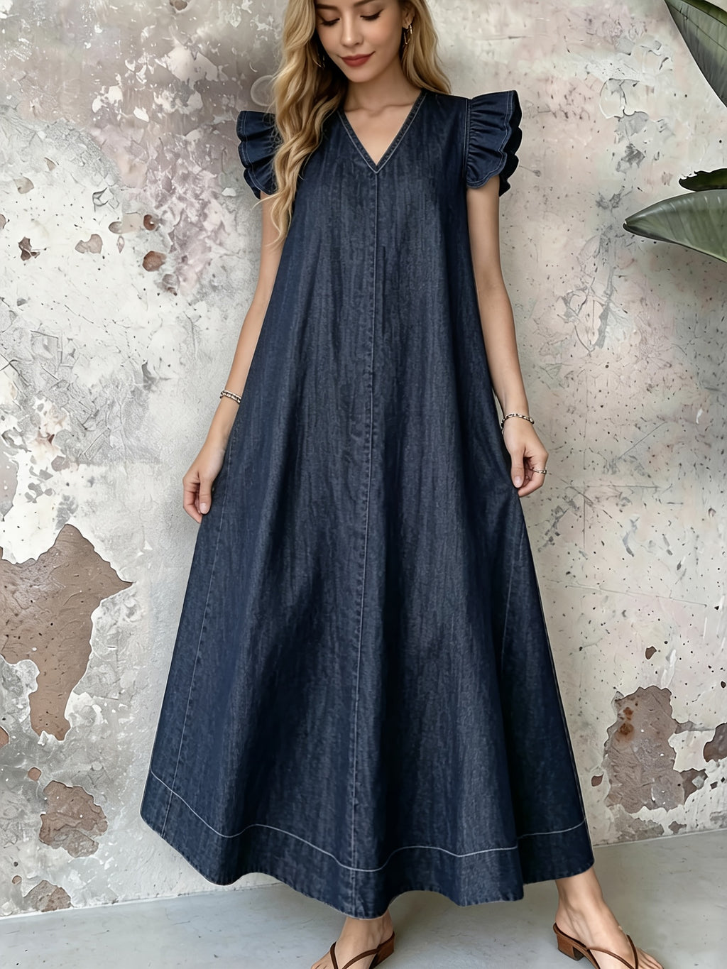 Robe en jean grande taille — Maxi trapèze à volants d'épaule