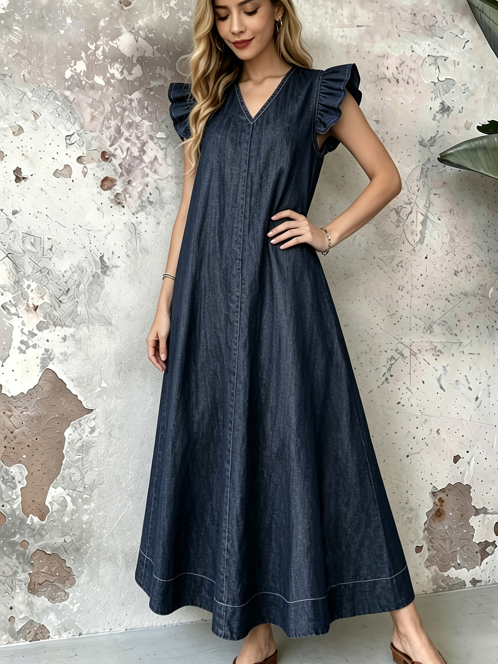 Robe en jean grande taille — Maxi trapèze à volants d'épaule