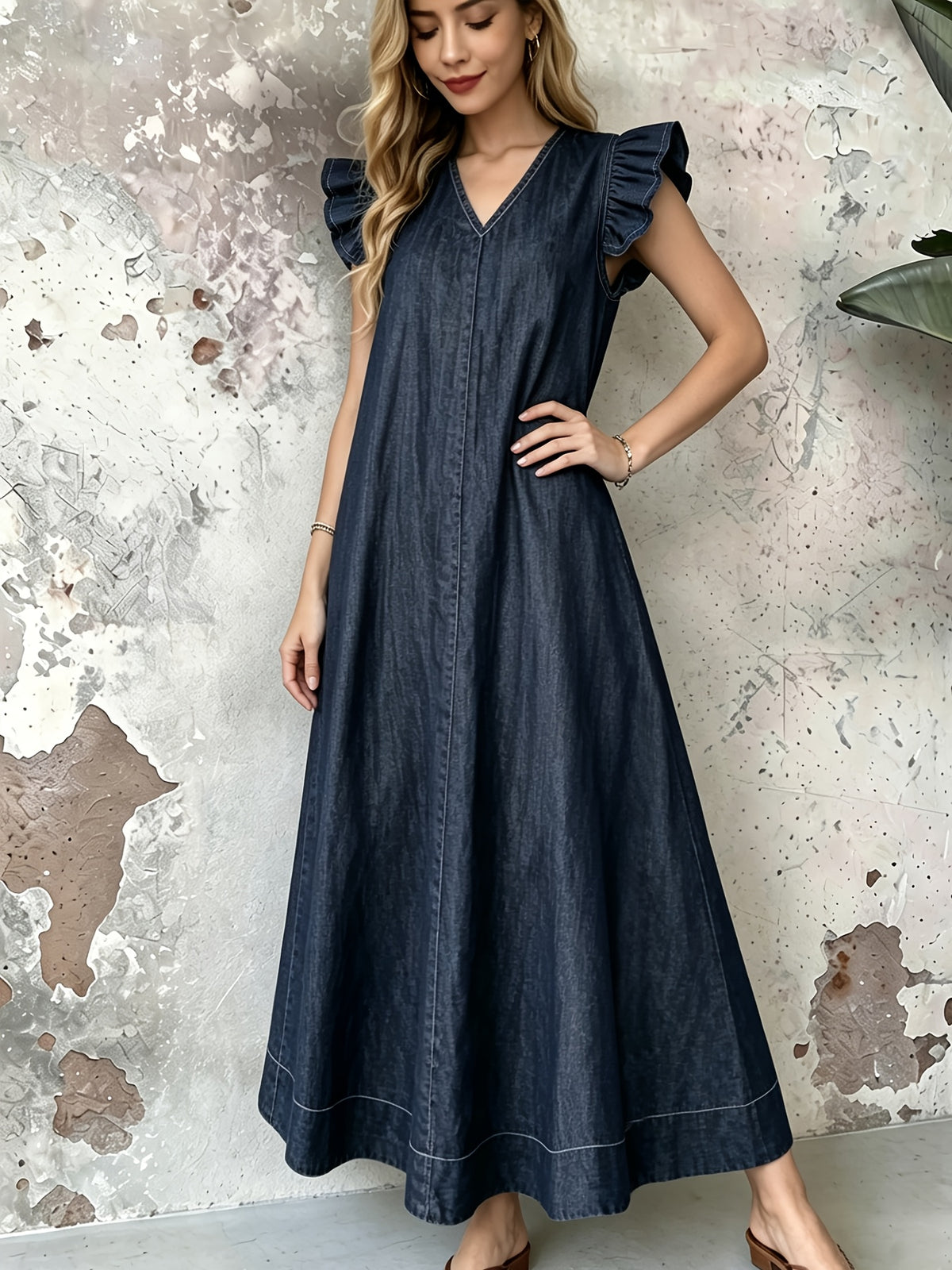 Robe en jean grande taille — Maxi trapèze à volants d'épaule