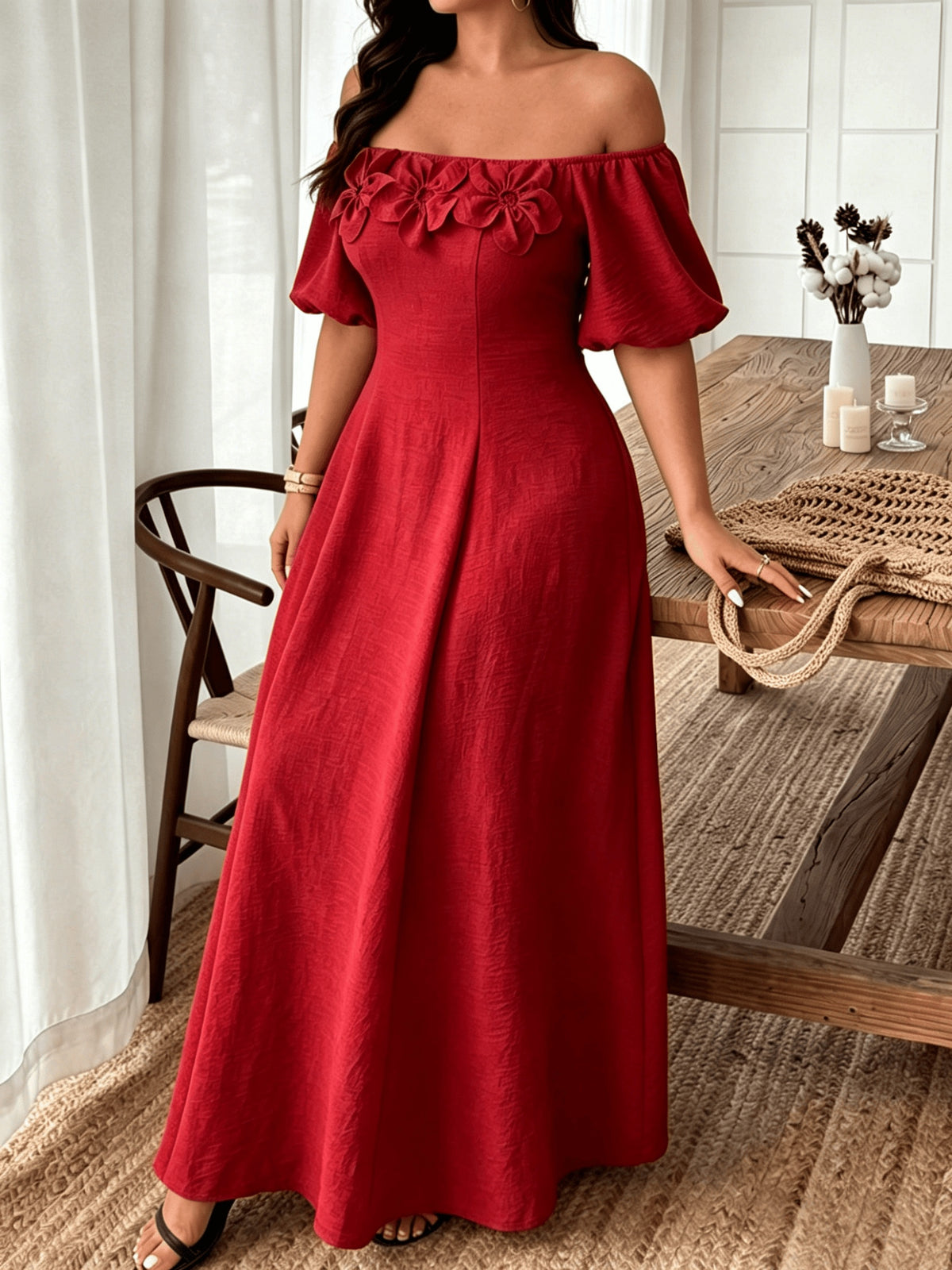 Robe d'été grande taille, bardot et fleurs en relief