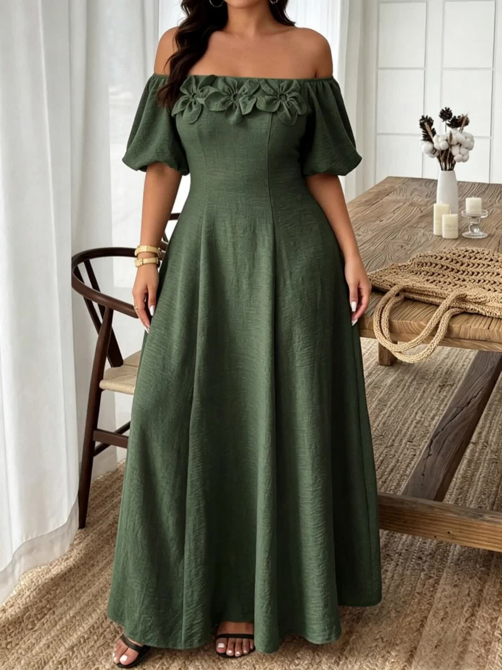 Robe d'été grande taille, bardot et fleurs en relief