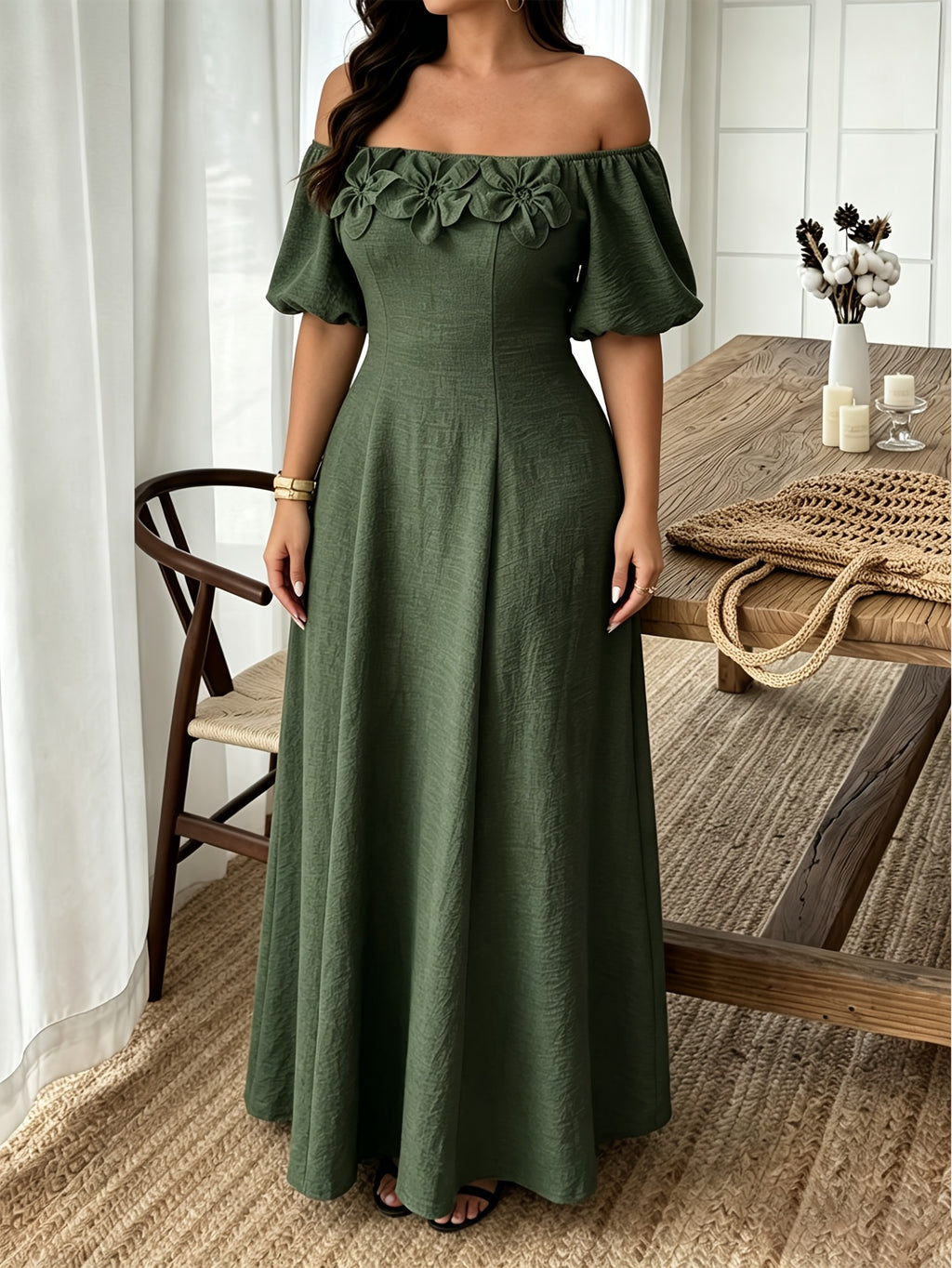 Robe d'été grande taille, bardot et fleurs en relief