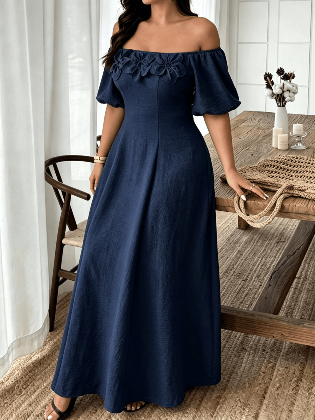 Robe d'été grande taille, bardot et fleurs en relief