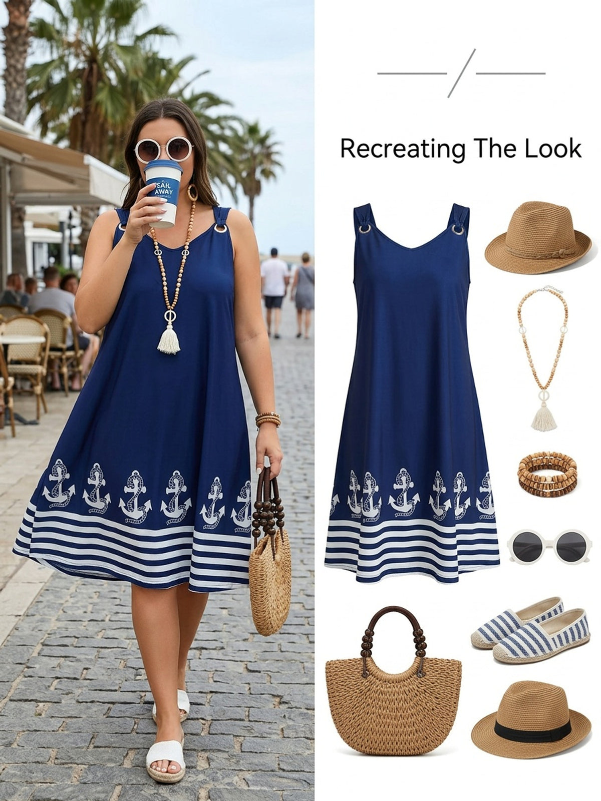 Robe d'été grande taille — Bleu marine à ancres et rayures